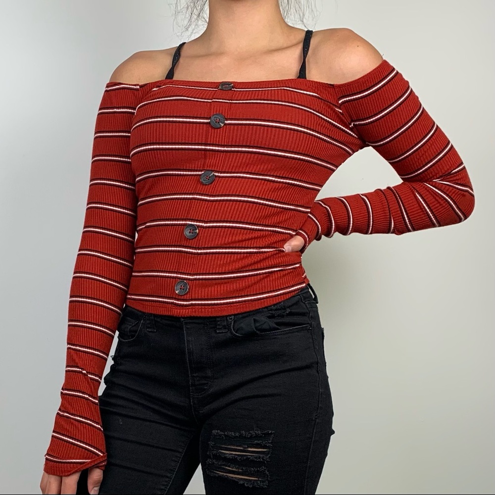 Trendy Off-the-Shoulder Ribbed Knit Striped Top